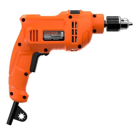 Photo of BLACK+DECKER BED710450-BR orange corded electric drill, right-side view, black trigger and chuck, white background.