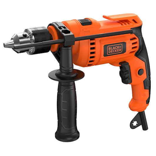 BLACK+DECKER BED713650-BR orange corded drill with side handle, shown from front left on white background.