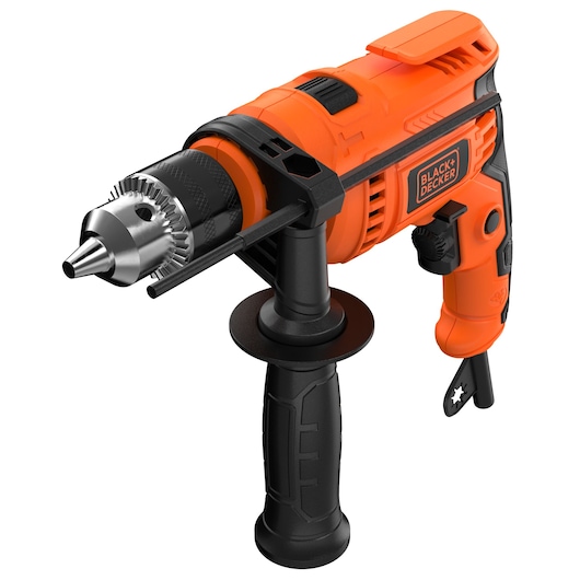 BLACKDECKER BED713650-BR orange corded drill with side handle, front angle on white background.