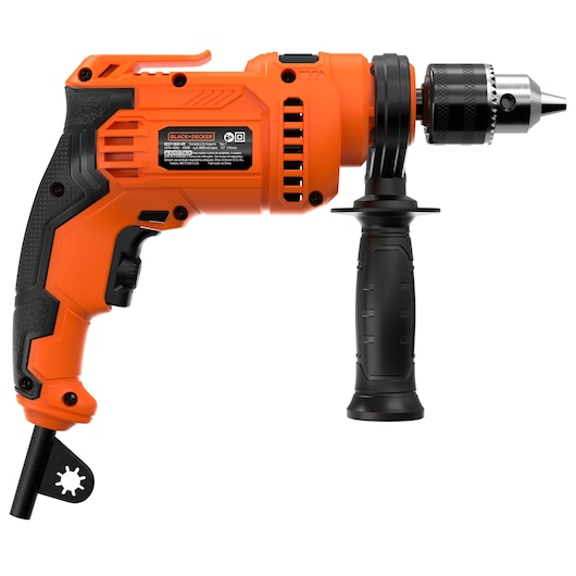 BLACK+DECKER BED713650-BR orange corded drill with side handle, left side view, white background.