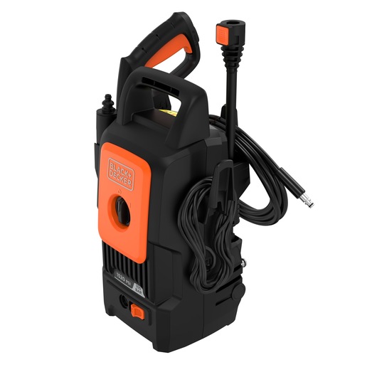 BLACK+DECKER portable pressure washer with black and orange design, carrying handle, hose, and attachments, model BEPW1520.