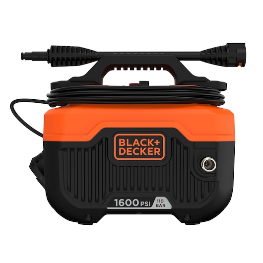 BLACK+DECKER BEPW1600H compact electric pressure washer, black and orange, front angle, 1600 PSI marking.