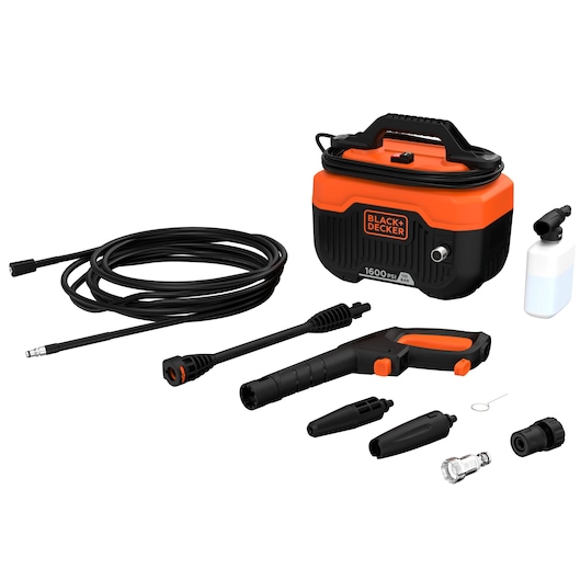 BLACKDECKER BEPW1600H portable pressure washer kit, black and orange, accessories included, front angle