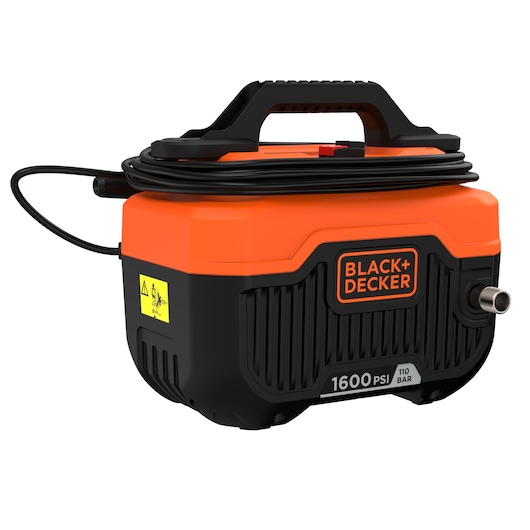 BLACK+DECKER BEPW1600H compact pressure washer front angle, orange and black, 1600 PSI.