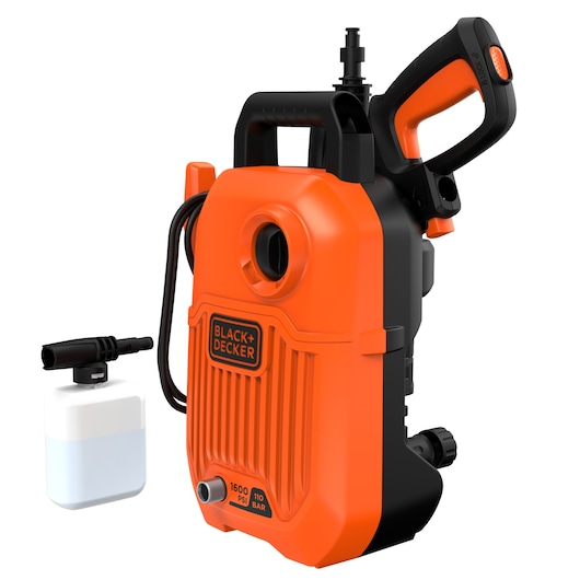 BLACK+DECKER BEPW1600 orange and black pressure washer with handle, hose, and detergent bottle, front angle.