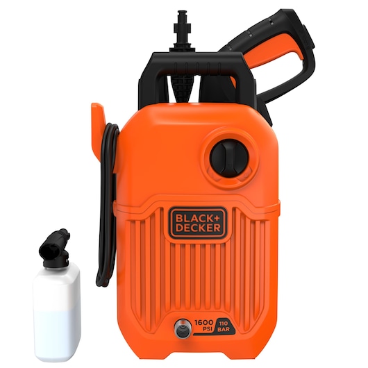 Front angle photo of BLACK+DECKER BEPW1600 orange pressure washer with attached hose and detergent bottle.