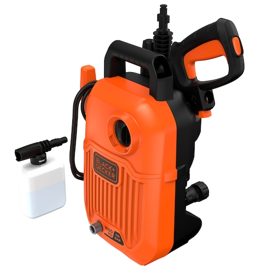 BLACKDECKER BEPW1600 pressure washer in orange and black with soap bottle, front angle.