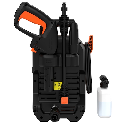 BLACKDECKER BEPW1600 pressure washer front angle with spray gun, hose, and detergent bottle on white background.