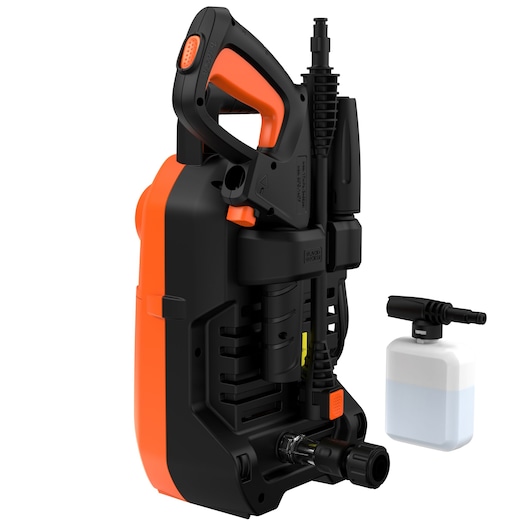 BLACKDECKER BEPW1600 pressure washer, orange and black, side angle, with soap bottle accessory.