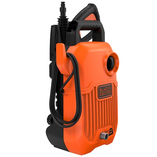 Photo of BLACKDECKER BEPW1600 orange and black pressure washer, front angle on white background.