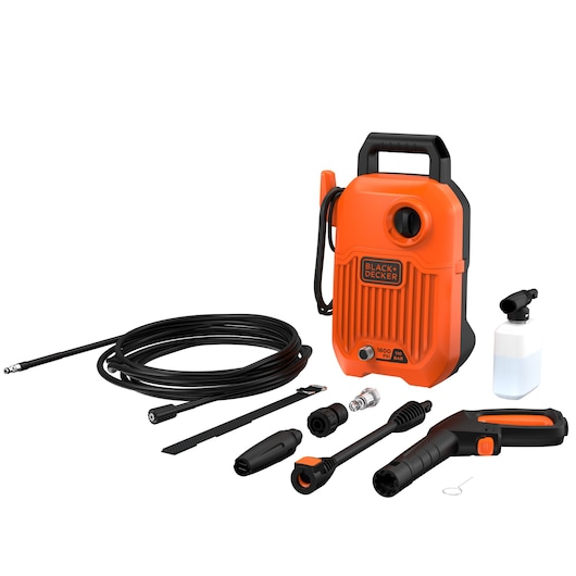 BLACKDECKER BEPW1600 pressure washer with orange body, black handle, hose, spray gun, nozzles, and detergent bottle, front angle.
