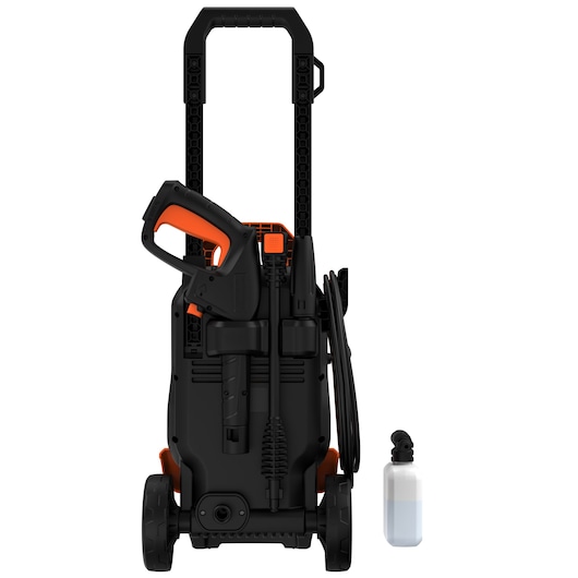 BLACKDECKER BEPW1800T pressure washer front view with black and orange body, hose, and detergent bottle.