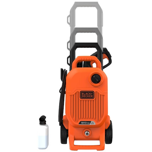 BLACKDECKER BEPW1800T pressure washer front view, orange body, retractable handle, accessory bottle included.