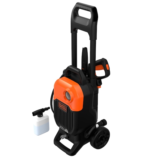 BLACKDECKER BEPW2200 pressure washer in black and orange, upright angle, with bottle accessory, white background.