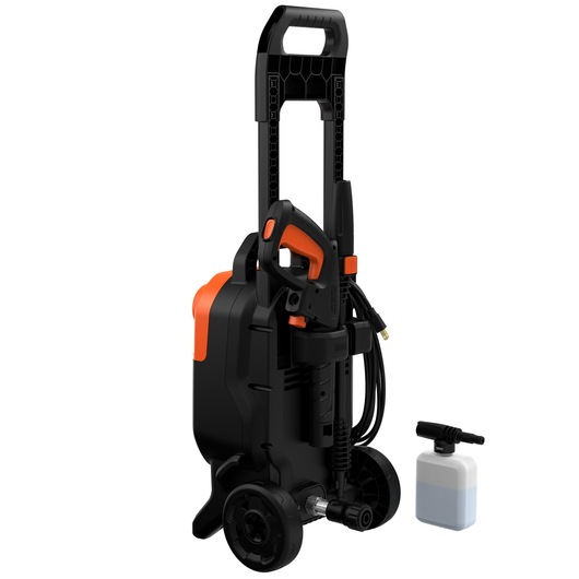 BLACKDECKER BEPW2200 pressure washer, black and orange, front angle, with detergent bottle accessory.