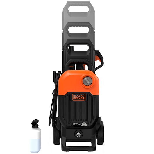 BLACKDECKER BEPW2200 black and orange pressure washer front angle, includes detergent bottle.