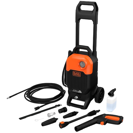 BLACKDECKER BEPW2200 pressure washer with wheels, handle, hose, spray gun and accessories, front angle.
