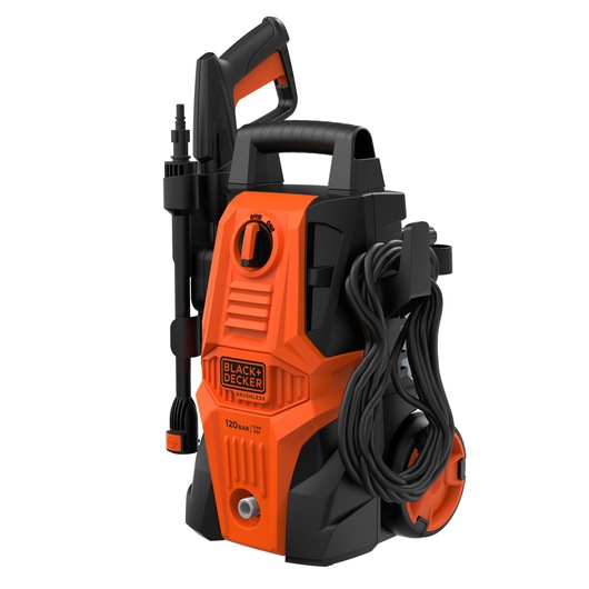 BLACK+DECKER BEPWB1740 orange and black pressure washer, front angle, coiled cord and spray gun visible.