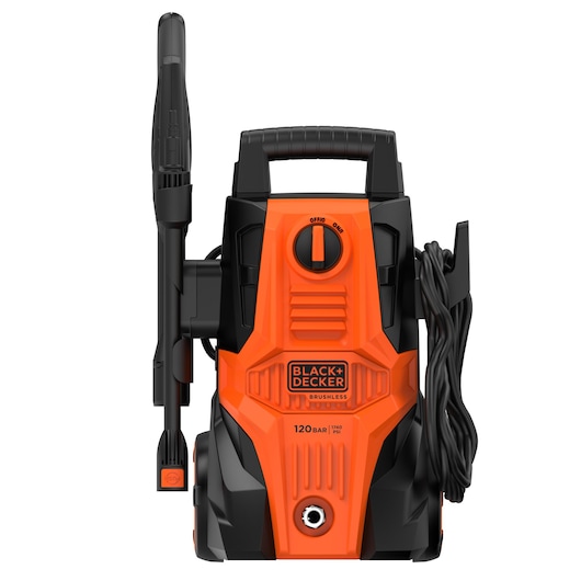 Photo of BLACK+DECKER BEPWB1740 orange and black pressure washer, front angle, with hose and lance attached.