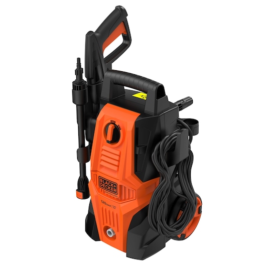 BLACK+DECKER BEPWB1740 pressure washer, orange and black, front angle on white background.