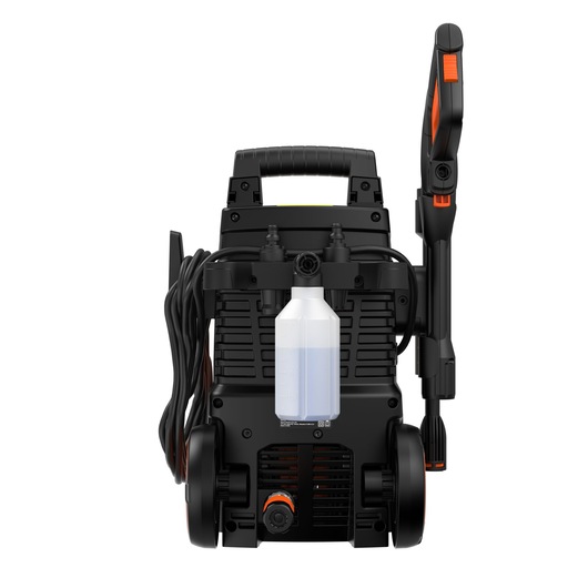 BLACKDECKER BEPWB1740 pressure washer front view with handle, wheels, hose, and detergent bottle.