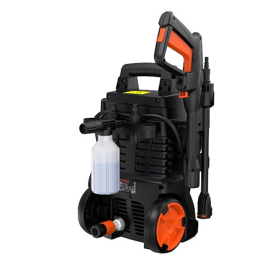 BLACKDECKER BEPWB1740 pressure washer front angle, black and orange body with detergent bottle attached.
