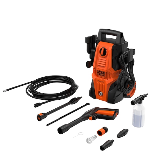 BLACKDECKER BEPWB1740 pressure washer and accessories, orange and black, front angle on white background.