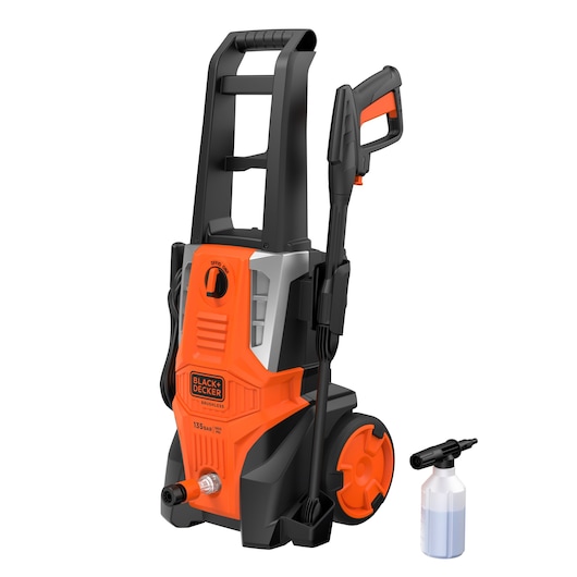 Photo of BLACKDECKER BEPWB2000 pressure washer, orange and black, with wheels, spray gun, and detergent bottle, front angle.