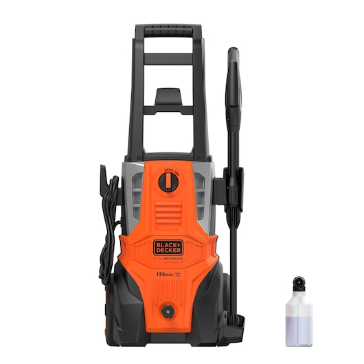 Front view of BLACKDECKER BEPWB2000 pressure washer with orange and black body and accessory bottle.