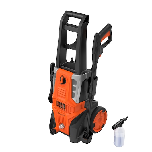 BLACKDECKER BEPWB2000 pressure washer with orange and black body, front angle, spray bottle accessory