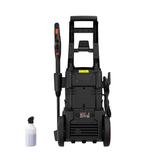 BLACKDECKER BEPWB2000 electric pressure washer rear view with attached spray gun and detergent bottle.