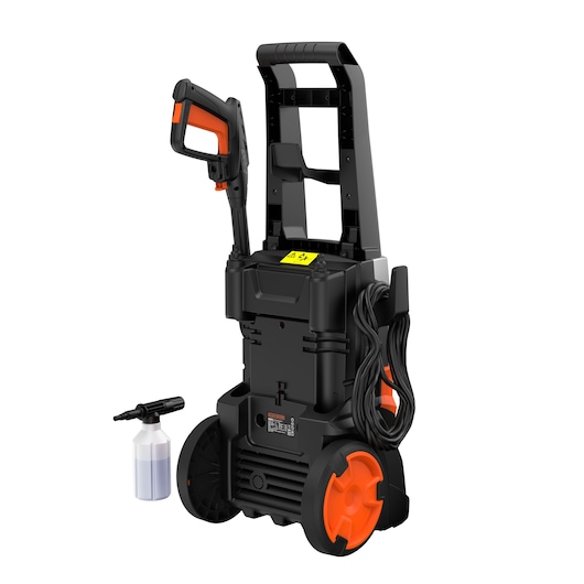 BLACKDECKER BEPWB2000 pressure washer with orange wheels, accessory bottle, rear view on white background.