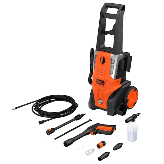 BLACKDECKER BEPWB2000 pressure washer front angle with accessories, orange and black body.