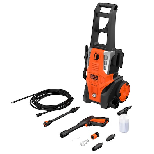 BLACKDECKER BEPWB2000 orange and black pressure washer with hose, spray gun, nozzles, and detergent bottle, front angle.