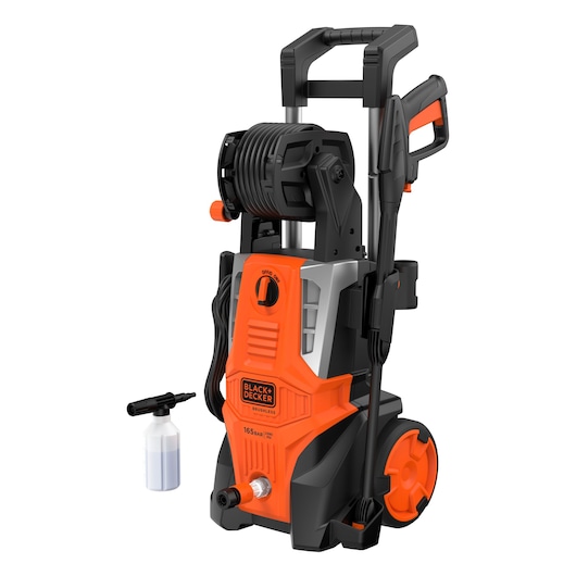 BLACK+DECKER BEPWB2400 orange and black pressure washer with hose reel, foam bottle, and upright handle, front angle.