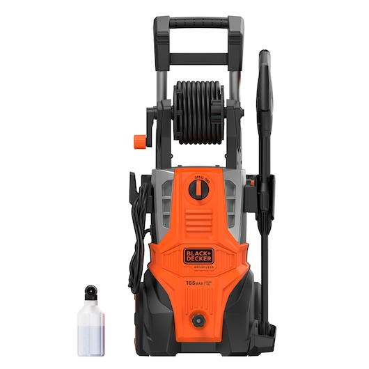 BLACK+DECKER BEPWB2400 pressure washer front view, orange and black, with hose reel and foam bottle.