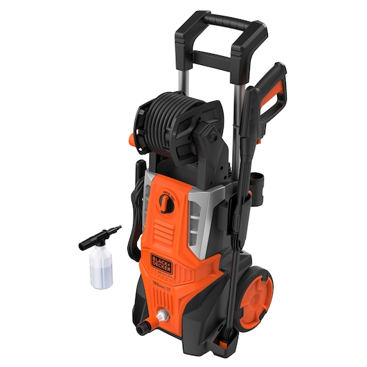 BLACKDECKER BEPWB2400 orange and black pressure washer with hose reel, spray gun, wheels, and detergent bottle, front angle.