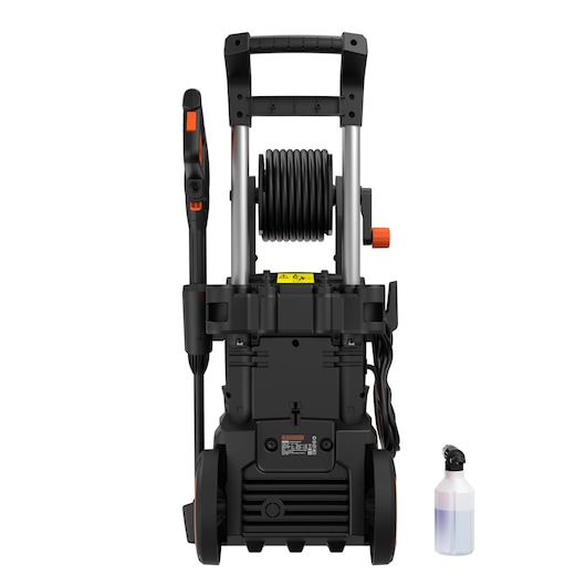 BLACKDECKER BEPWB2400 pressure washer front angle with hose reel and spray bottle on white background
