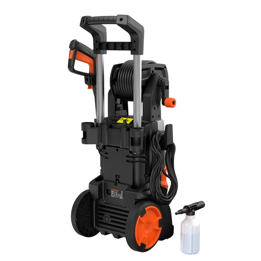 BLACKDECKER BEPWB2400 pressure washer front angle with orange wheels and spray bottle on white background.