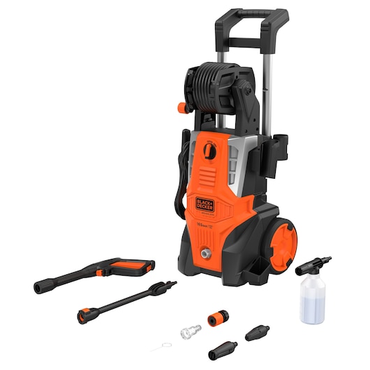 BLACKDECKER BEPWB2400 pressure washer in orange and black, with accessories, front angle, white background.