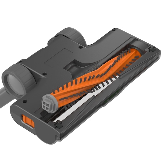 BLACKDECKER BHFEA18D1 vacuum cleaner floor head with orange brush bar, close-up on white background.