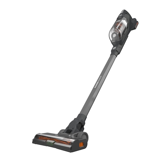 BLACKDECKER BHFEA18D1 cordless stick vacuum cleaner, gray and black, front angled view on white background.