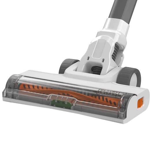 BLACKDECKER BHFEA520J vacuum cleaner floor head with clear cover, orange brush roller, and white body, angled view.