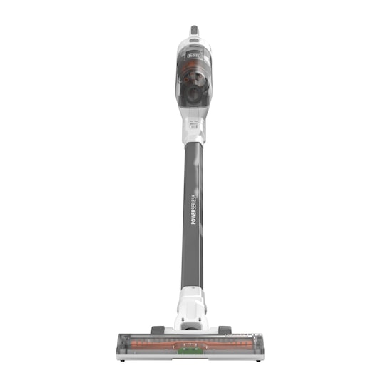 BLACK+DECKER BHFEA520J cordless stick vacuum cleaner front view, gray and white body with clear dustbin.