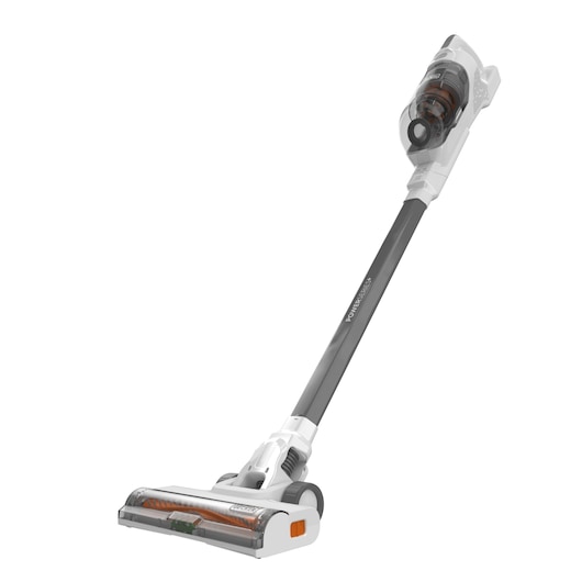Photo of BLACKDECKER BHFEA520J cordless stick vacuum cleaner in white and gray, front angled view on white background.
