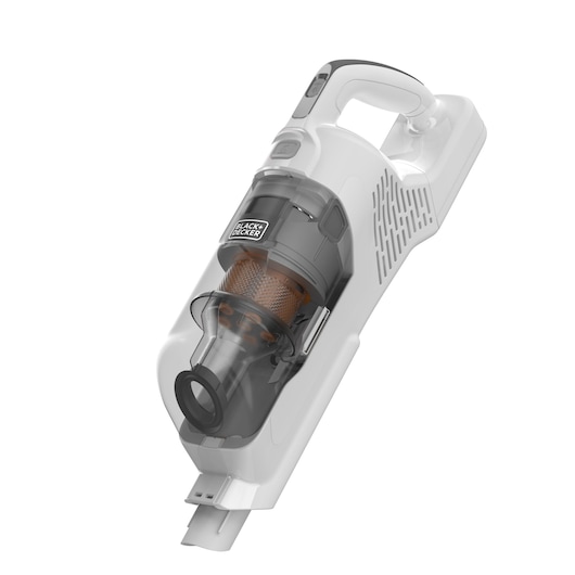 BLACKDECKER BHFEA520J cordless handheld vacuum in white and grey, side angle on white background.