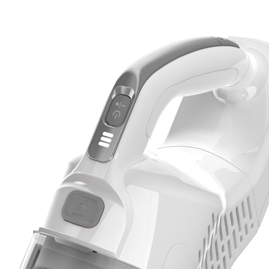 Photo of BLACKDECKER BHFEA520J vacuum handle close-up with control buttons, shown on white background.