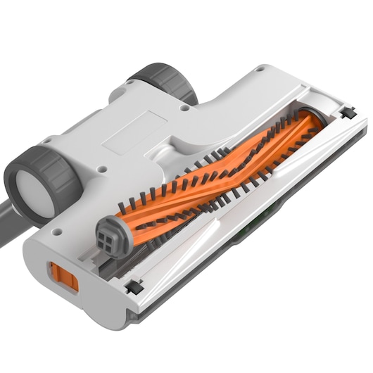 BLACKDECKER BHFEA520J vacuum cleaner brush head with orange roller and bristles, close-up angle.
