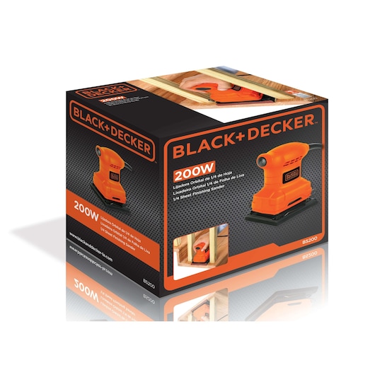 BLACK+DECKER BS200 quarter sheet finishing sander box, orange tool, front angled view.