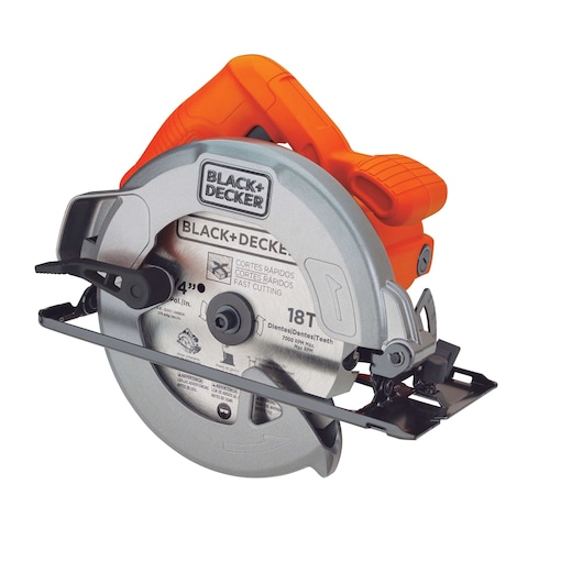 BLACKDECKER CS1004 circular saw with orange handle, silver blade and front angle on white background